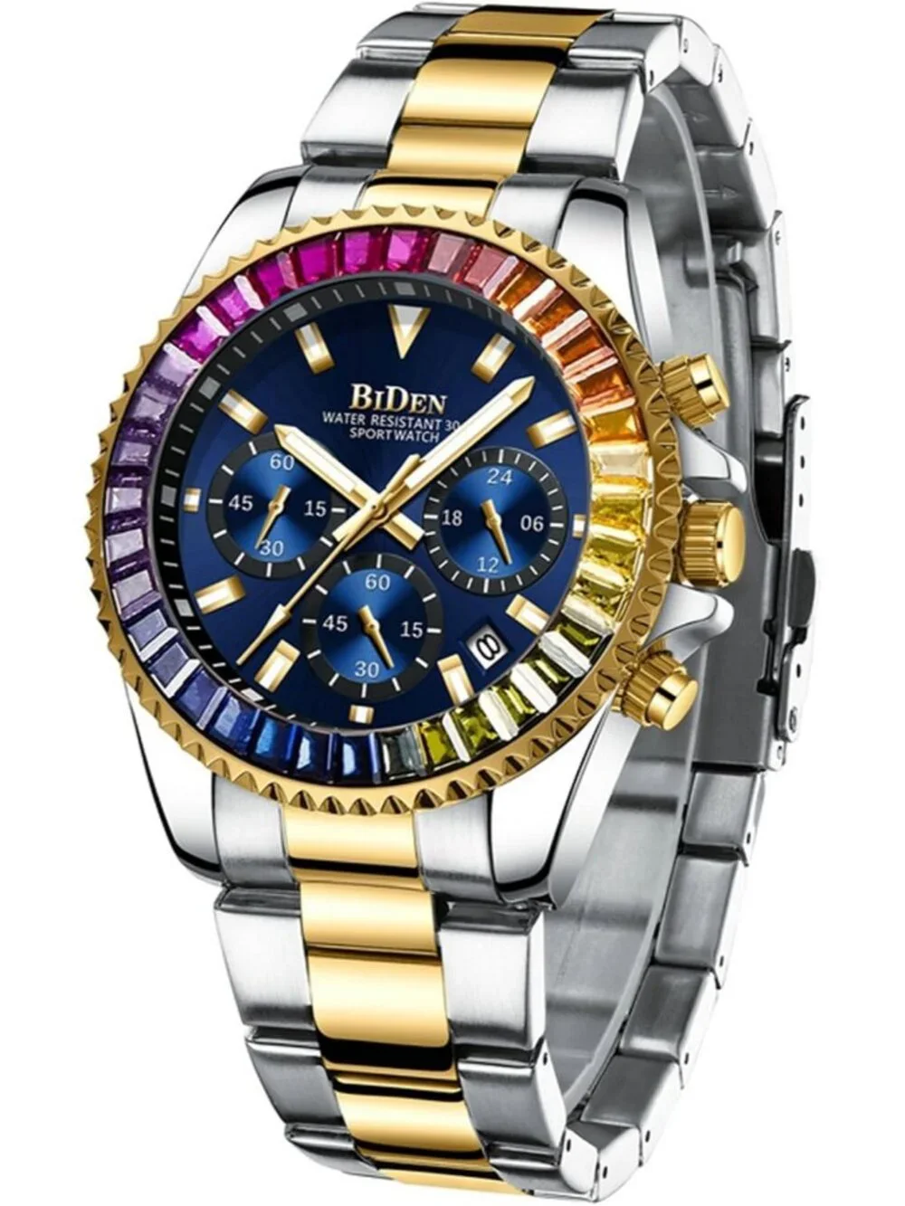 Men's Silver Gold Blue Luxury Stainless Steel Analog Chronograph Classic Watch